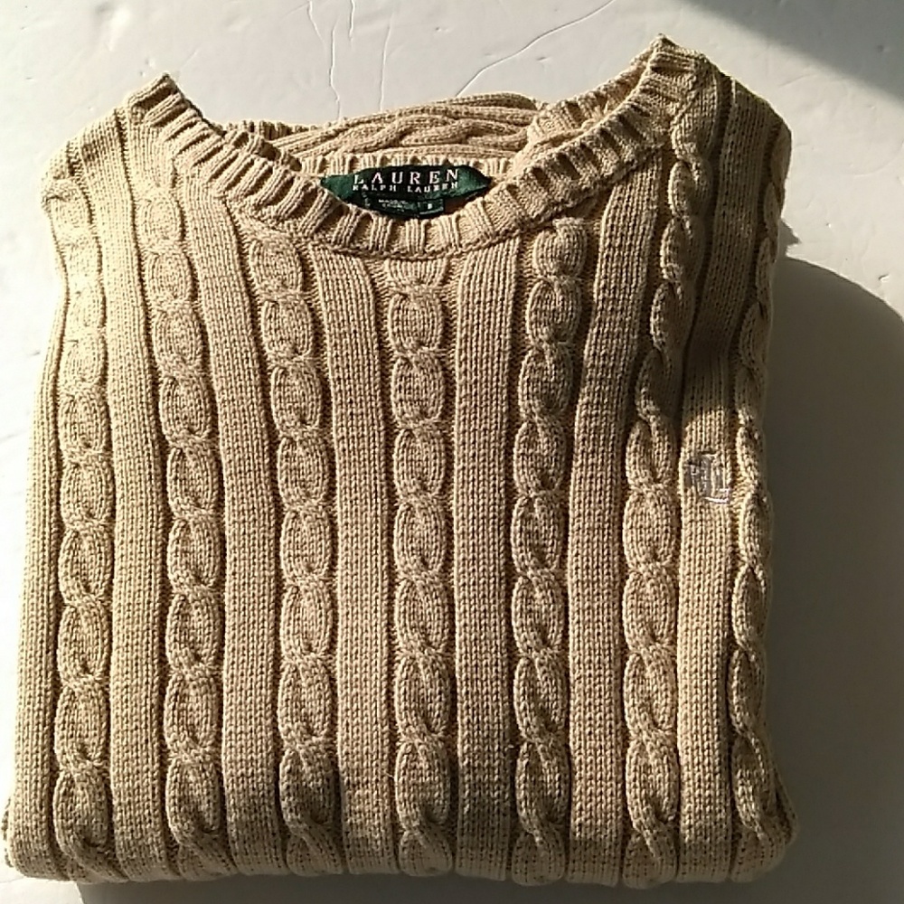 LRL Cable knit v-neck pullover sweater S Khaki